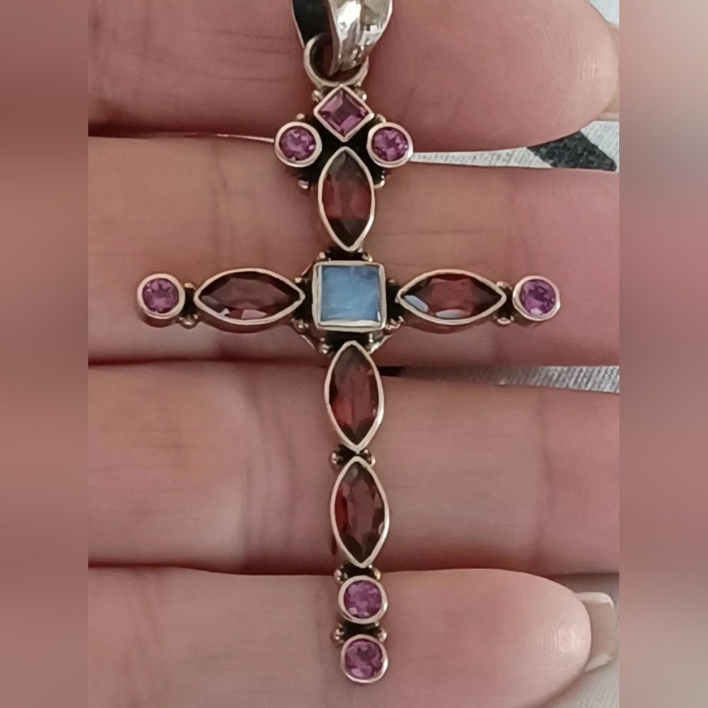 Nicky Butler Sterling Silver 925 Cross Pendant NB Garnet Moonstone Rhodolite